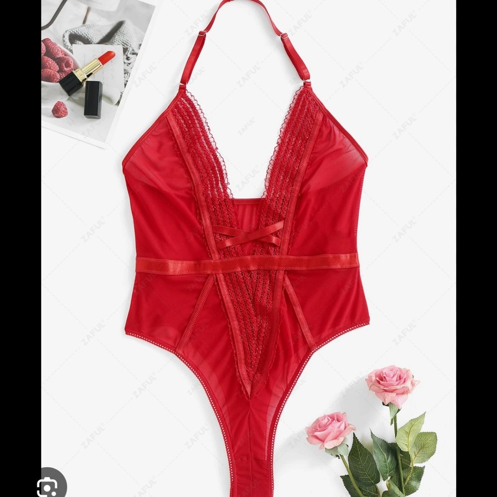 Lipstick Red Halter High Leg Plunge Lingerie Teddy